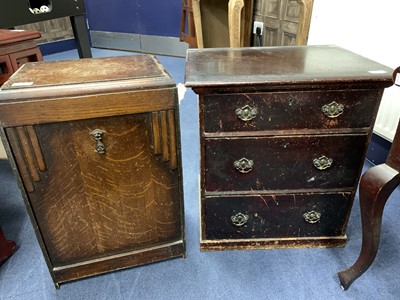 Lot 569 - A MAHOGANY THREE DRAWER TABLE TOP CHEST AND AN OAK COAL DEPOT