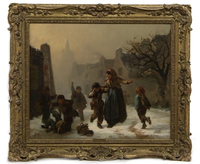 Lot 176 - CHILDREN AT PLAY, WINTER, PARIS, AN OIL BY JOSEPH AUFRAY