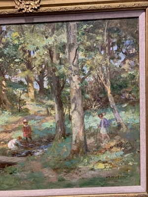 Lot 2021 - SPRING BY THE BUCKLAND BURN, AN OIL BY WILLIAM STEWART MACGEORGE