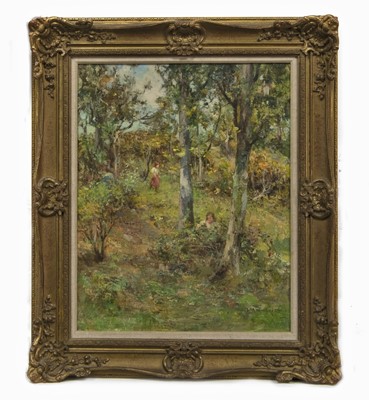 Lot 2022 - GATHERING BRAMBLES, AN OIL BY WILLIAM STEWART MACGEORGE