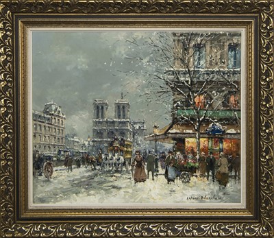 Lot 179 - NOTRE DAME UNDER SNOW COVER, AN OIL BY ANTOINE BLANCHARD