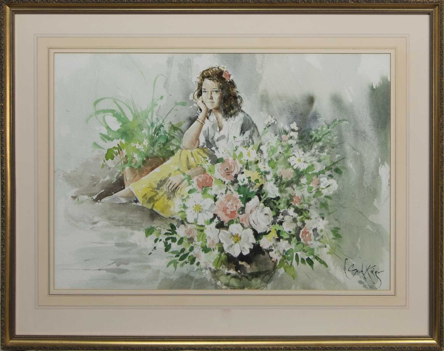 Lot 522 - YOUNG GIRL WITH FLOWERS, A WATERCOLOUR BY GORDON KING