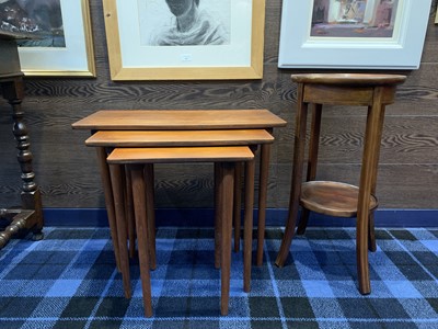 Lot 222A - A NEST OF THREE TEAK TABLES AND A MAHOGANY PLANT STAND
