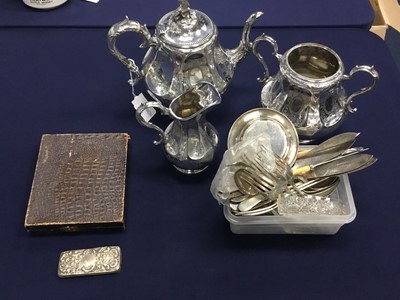 Lot 105A - A SILVER PLATED TEA SERVICE, ALONG WITH SILVER AND PLATED WARE