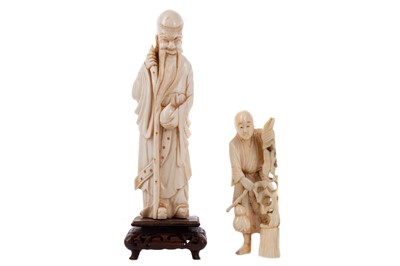 Lot 1641 - AN EARLY 20TH CENTURY CHINESE IVORY CARVING OF SHOU LAO AND ANOTHER CARVING