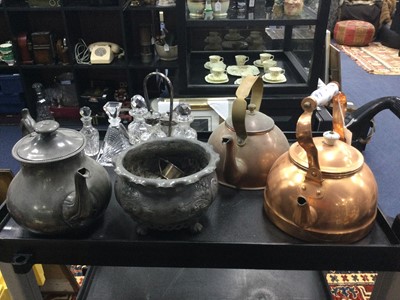 Lot 625 - A LOT OF TWO COPPER KETTLES AND OTHER SILVER PLATE AND PEWTER ITEMS