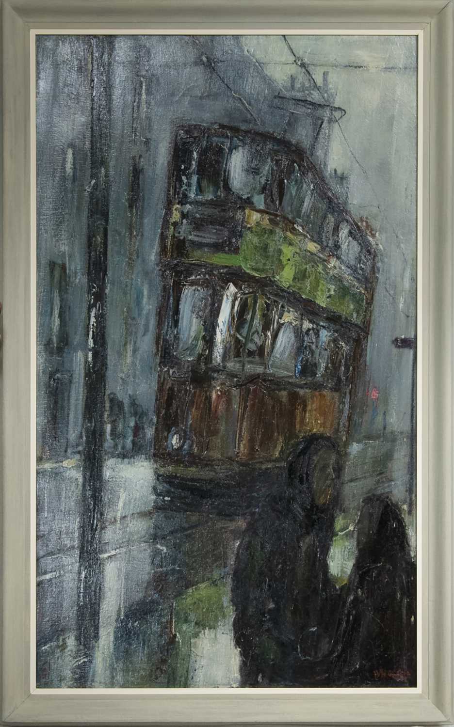 Lot 2030 - TRAM & FIGURES IN RAIN, BYRES ROAD, AN EXCEPTIONAL AND LARGE OIL BY HERBERT WHONE