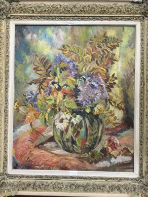 Lot 663 - STILL LIFE OF FLOWERS IN A VASE, AN OIL BY E.M. JOSS