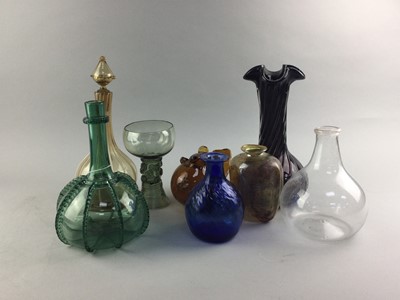 Lot 26 - A REPRODUCTION SODA GLASS ROEMER AND OTHER GLASS BOTTLES AND VASES