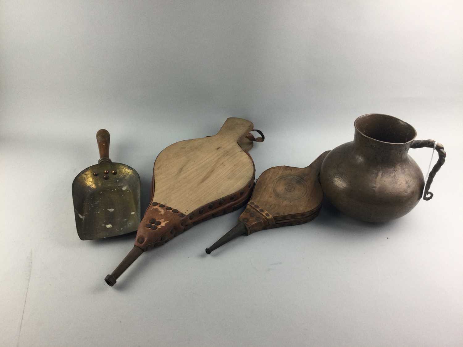 Lot 30 - A BRONZE VESSEL AND TWO FIRE BELLOWS