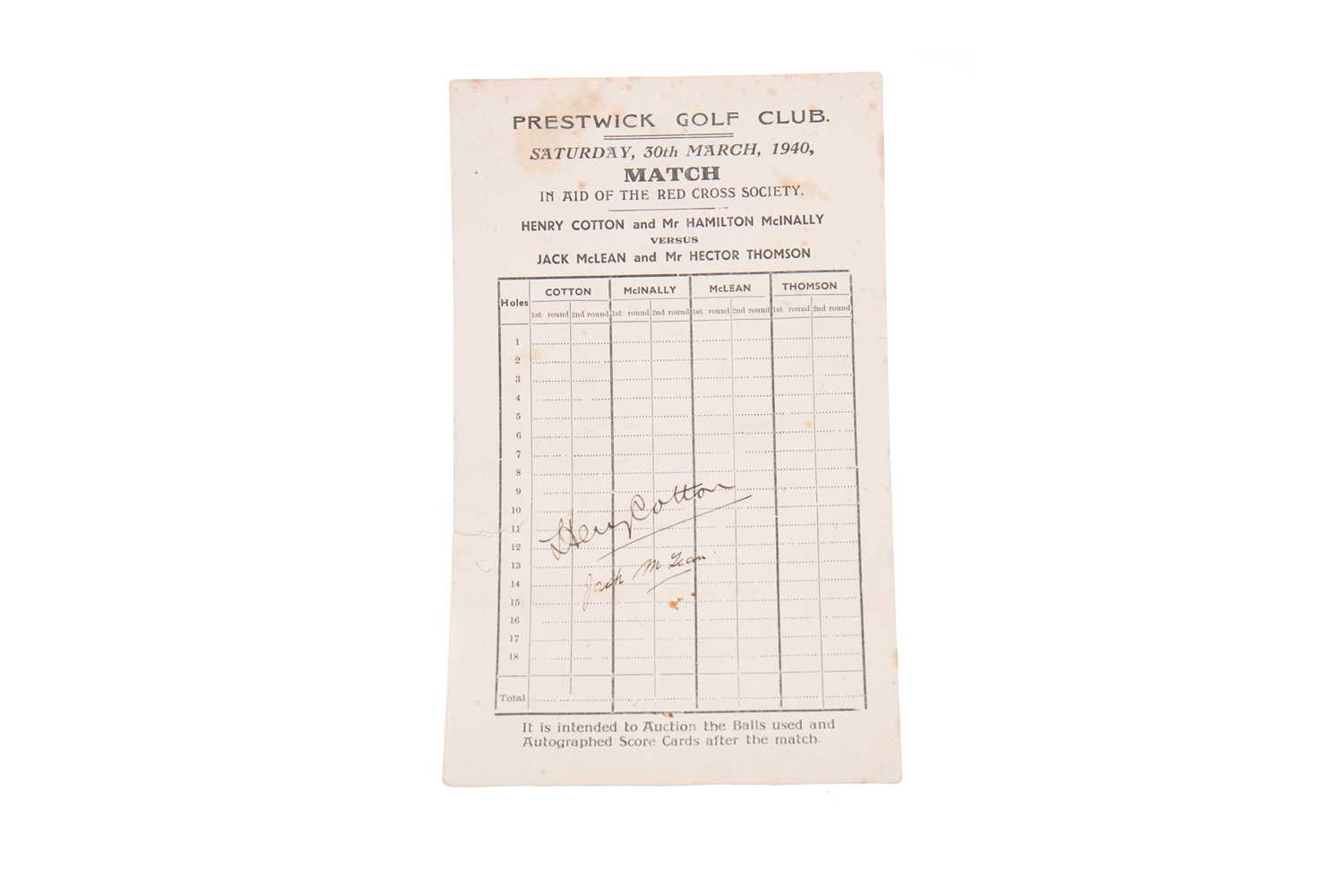 Lot 1742 - A PRESTWICK GOLF CLUB SCORE CARD SIGNED BY HENRY COTTON