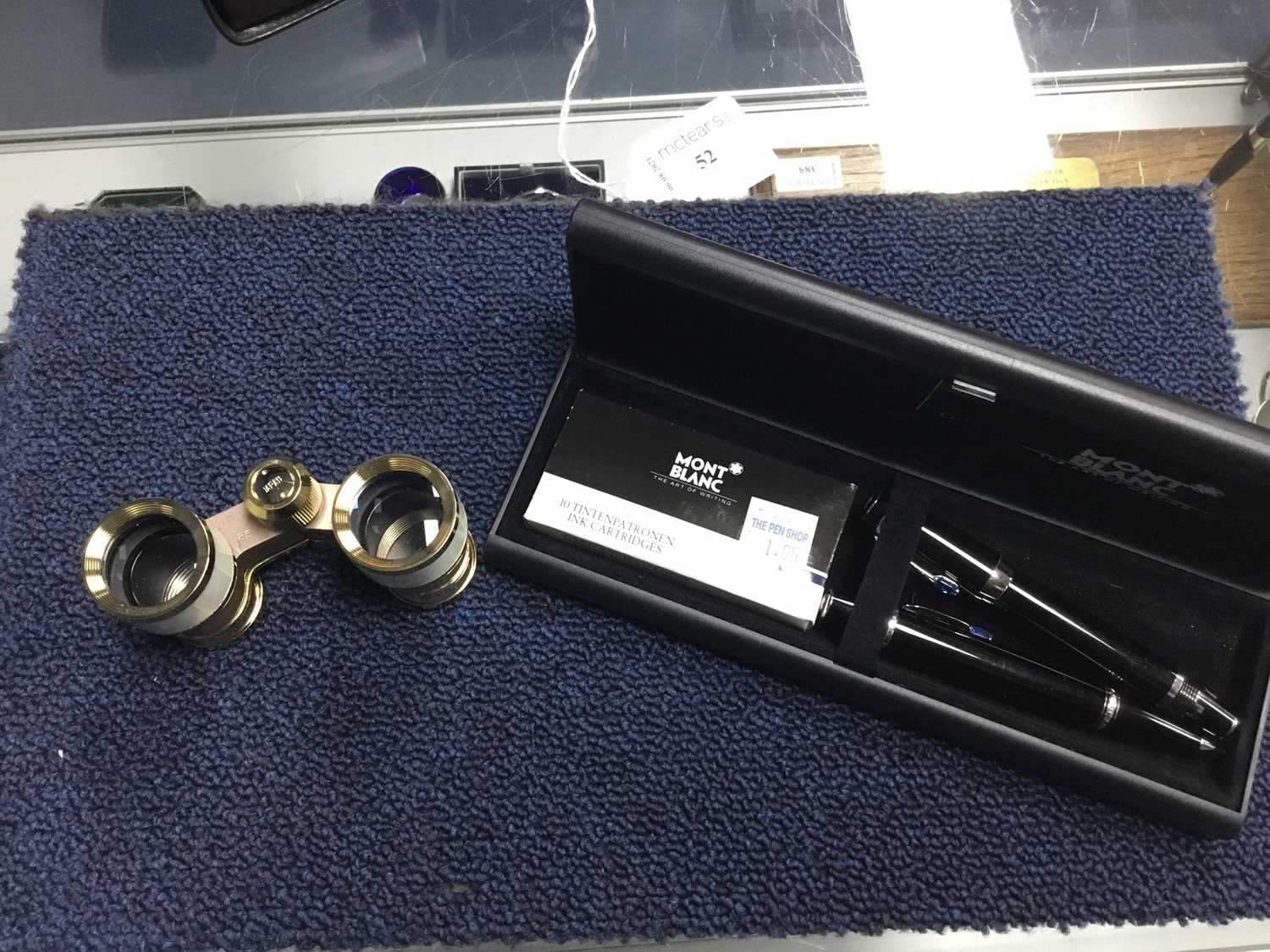 Lot 52 - A MONT BLANC PEN AND PENCIL SET, OTHER PENS AND A PAIR OF OPERA GLASSES