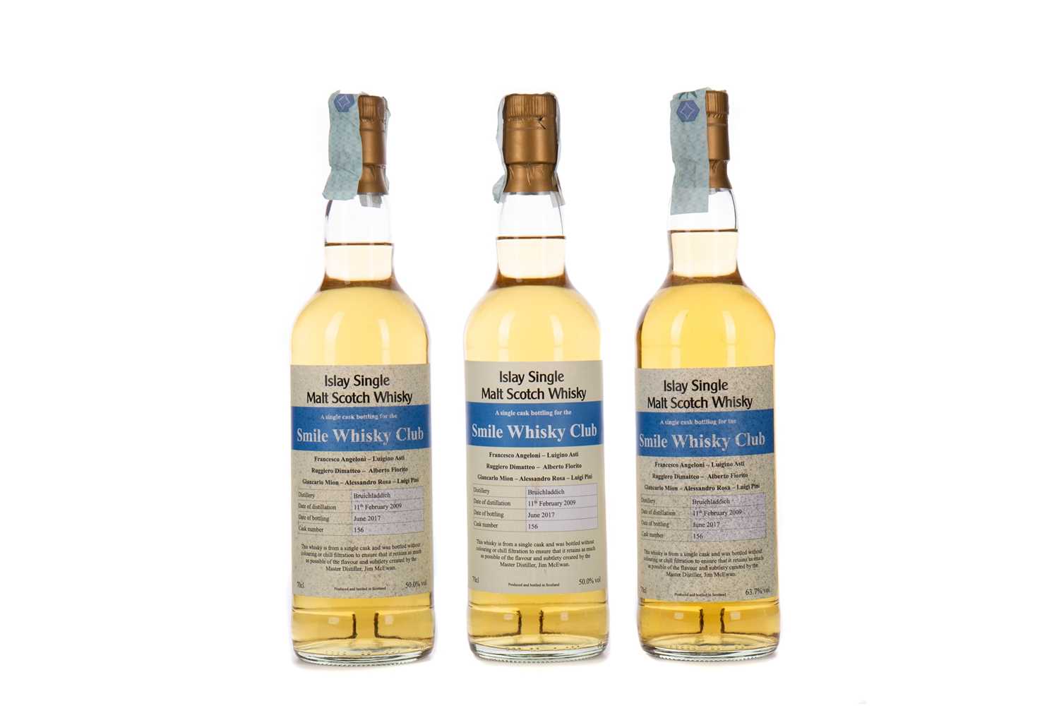 Lot 61 - THREE BOTTLES OF BRUICHLADDICH 2009 SMILE WHISKY CLUB