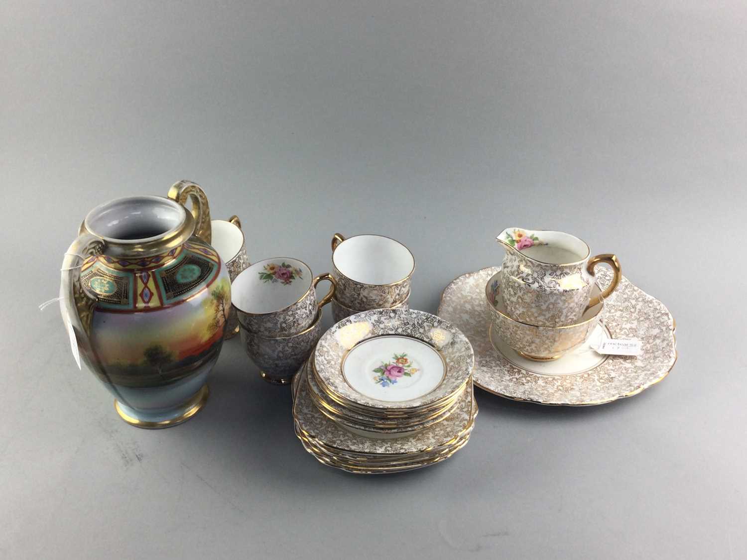 Lot 19 - A CAVOUR WARE STAFFORDSHIRE PART TEA SERVICE ALONG WITH A NORITAKE VASE