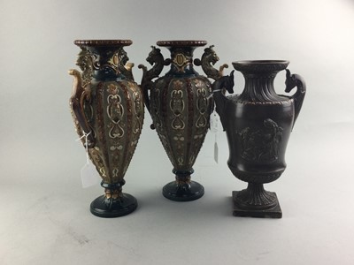 Lot 128 - A PAIR OF WILHELM SCHILLER & SONS MAJOLICA VASES AND ANOTHER