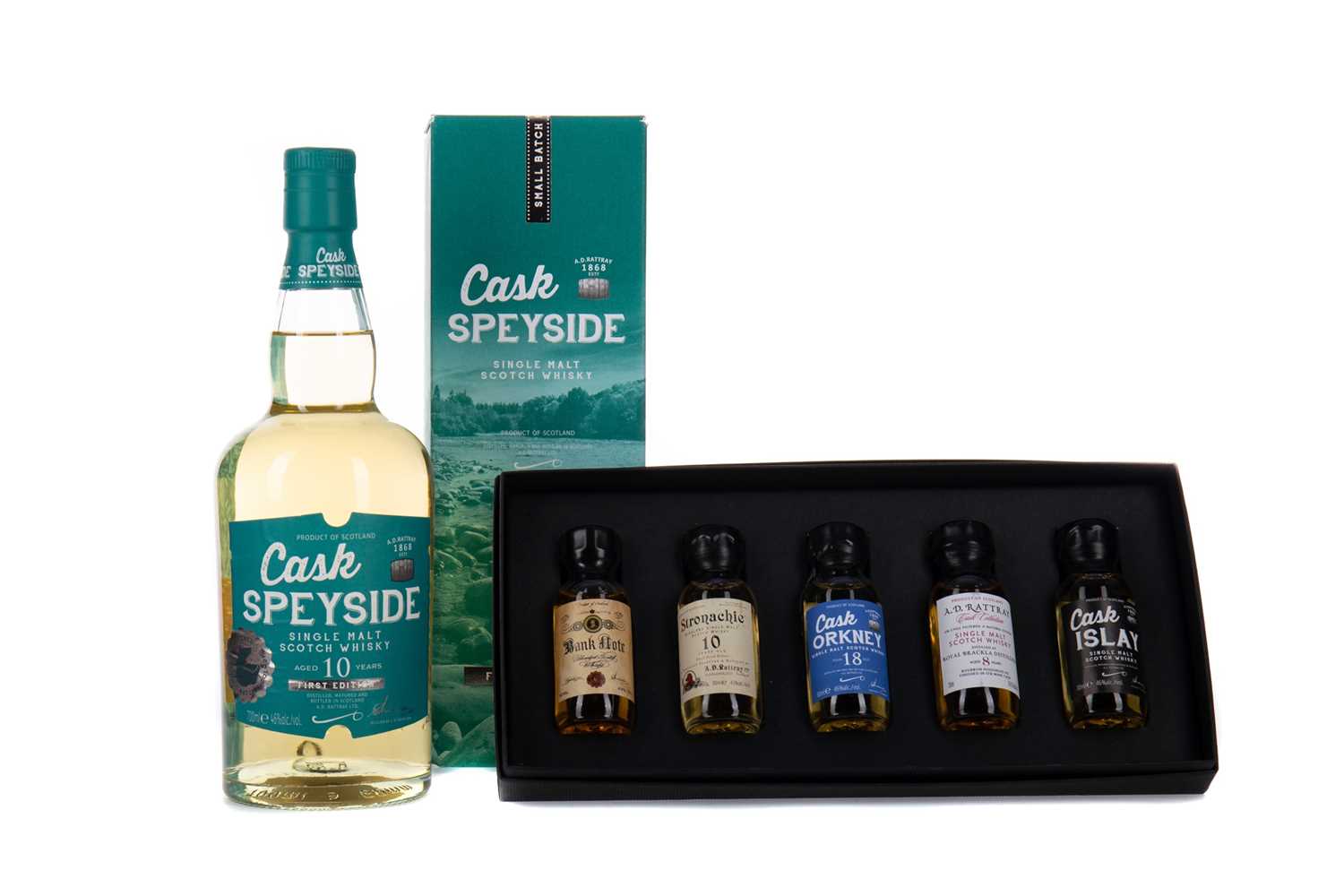 Lot 97 - AD RATTRAY CASK SPEYSIDE AGED 10 YEARS, AND AD RATTRAY MINIATURE SET