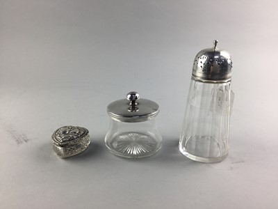 Lot 72 - A SILVER TOPPED GLASS SUGAR CASTER, HEART SHAPED DISH AND ANOTHER DISH