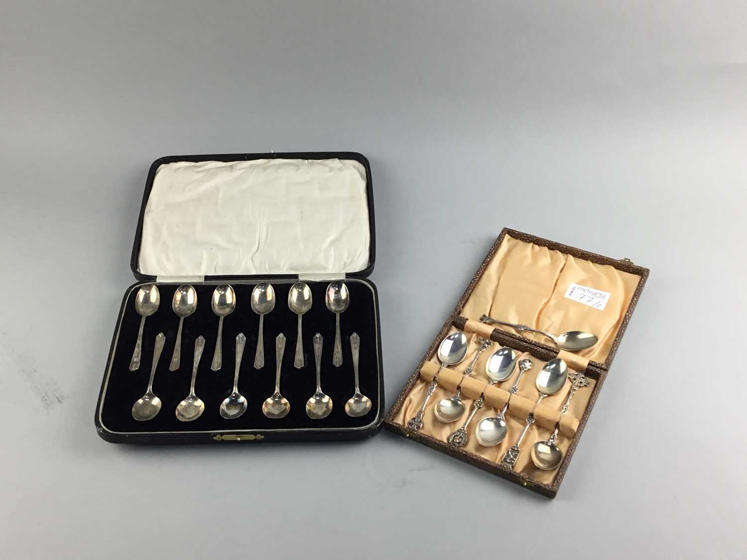 Lot 77 - A SET OF TWELVE SILVER COFFEE SPOONS AND ANOTHER CASED SET OF SPOONS
