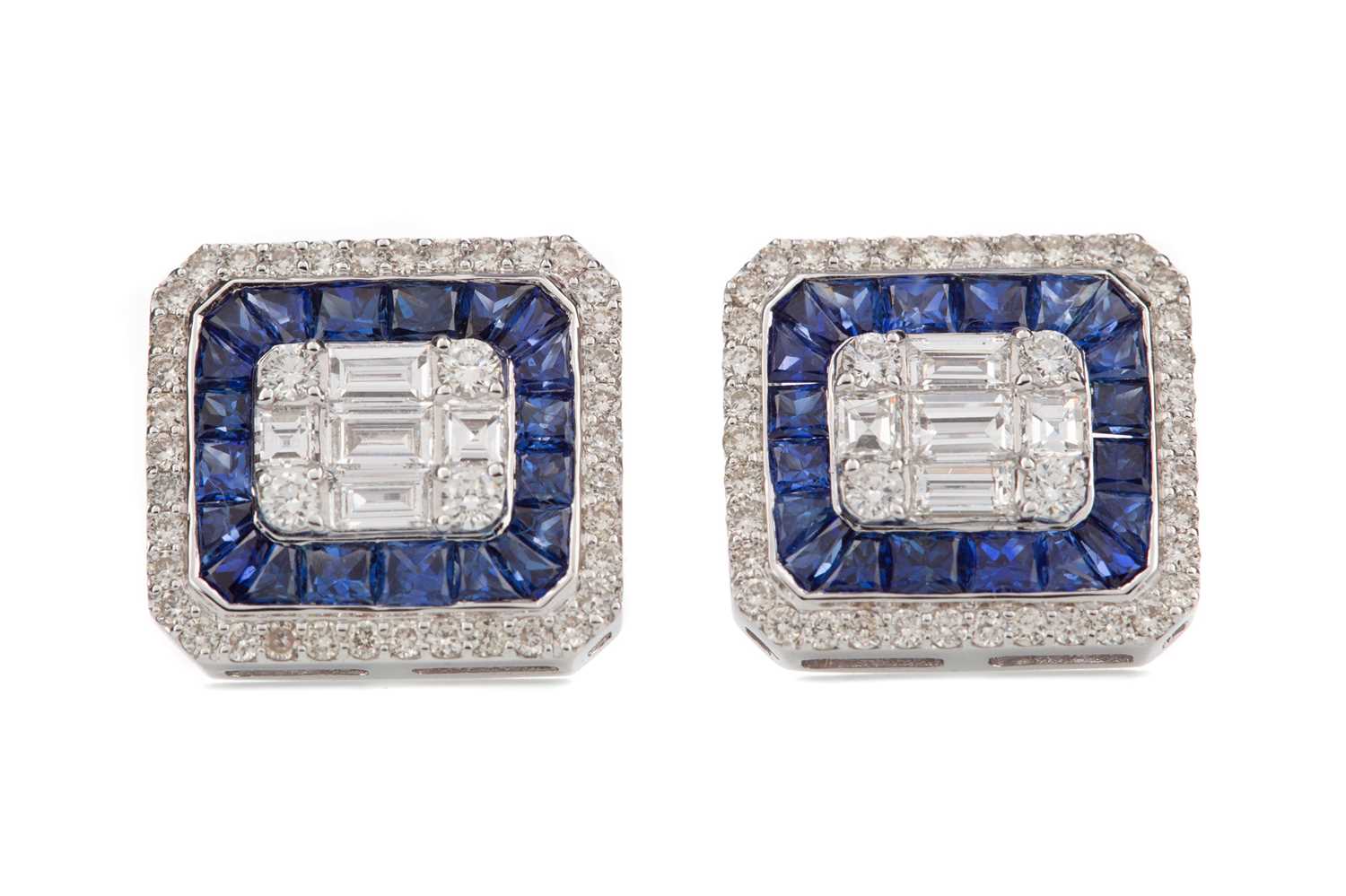 Lot 1528 - A PAIR OF SAPPHIRE AND DIAMOND EARRINGS