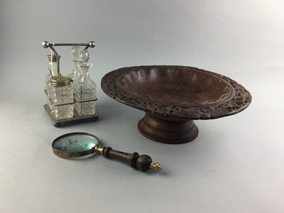 Lot 123 - A GLASS AND SILVER PLATED CRUET STAND, A MAGNIFYING GLASS AND A TAZZA