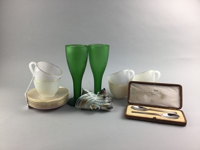 Lot 132 - A SET OF SIX ART DECO STYLE CUPS AND SAUCERS, GREEN GLASS FLUTES, WALL VASE AND SPOONS