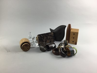 Lot 143 - A COLLECTION OF WOOD AND HORN NAPKIN RINGS, WOOD BUTTER PRESS AND OTHER ITEMS