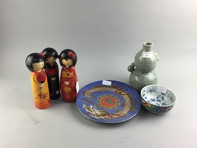 Lot 134 - A LATE 20TH CENTURY CHINESE CELADON VASE, BOWL, PLATE AND JAPANESE PAINTED WOOD DOLLS