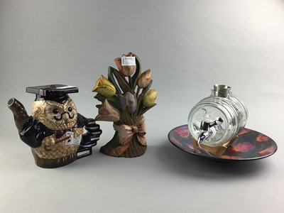 Lot 156 - A STAFFORDSHIRE CHARACTER TEA POT MODELLED AS AN OWL, DOORSTOP, POOLE PLATE AND DRINKS DISPENSER