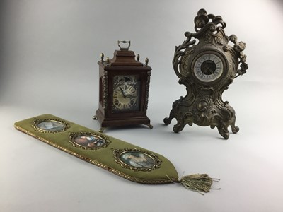 Lot 157 - A GEORGIAN STYLE WALNUT MANTEL CLOCK BY WARMINK, ANOTHER CLOCK AND A SET OF MINIATURE PRINTS