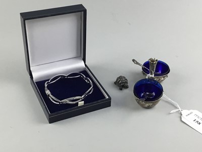 Lot 158 - A MODERN SILVER BANGLE, A CONTINENTAL DOUBLE SALT DISH WITH SPOONS AND A SILVER MINIATURE TORTOISE