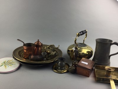 Lot 159 - A BRASS TODDY KETTLE, OTHER BRASS, COPPER AND PEWTER WARE
