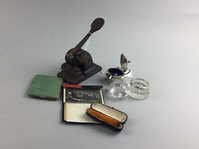 Lot 160 - A LATE 19TH CENTURY PAPER STAMP, DRAWING INSTRUMENTS, COMPACT, CHEROOT, SALT AND MUSTARD DISHES