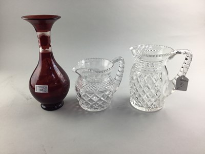 Lot 163 - A RUBY GLASS VASE AND TWO CRYSTAL JUGS
