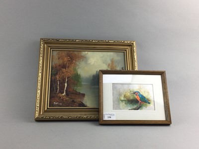 Lot 258 - A SMALL OIL PAINTING, ALONG WITH AN EMBROIDERY