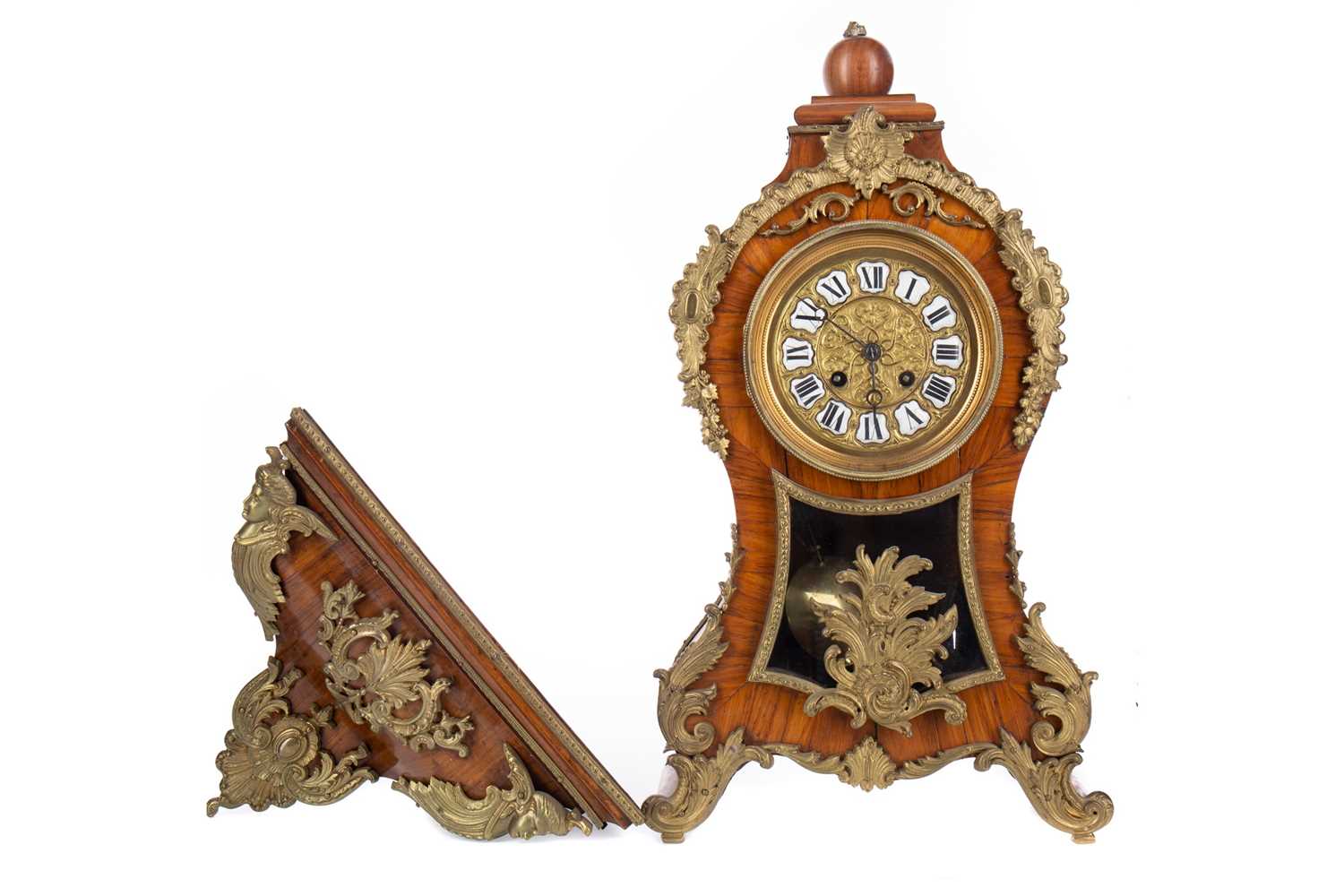 Lot 1193 - A FRENCH KINGWOOD BRACKET CLOCK OF ROCOCO DESIGN AND WALL BRACKET
