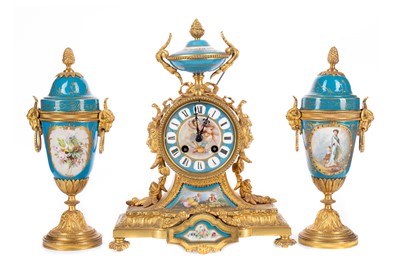 Lot 1196 - A LATE 19TH CENTURY FRENCH GILTMETAL AND PORCELAIN CLOCK GARNITURE