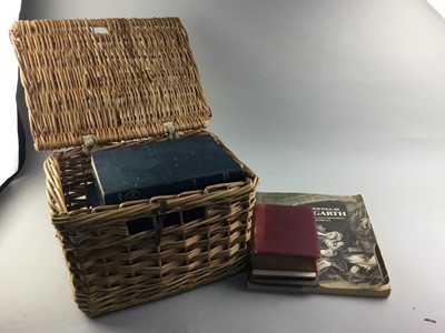 Lot 201 - A VINTAGE WICKER HAMPER, OCCASIONAL TABLE, STOOL AND BOOKS