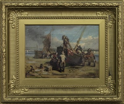 Lot 9 - UNPACKING THE BOATS, AN OIL BY ROBERT THORBURN ROSS
