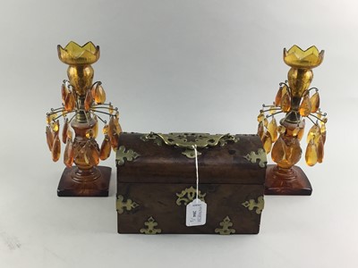 Lot 204 - A BRASS MOUNTED WALNUT CASKET, ALONG WITH A PAIR OF LUSTRES