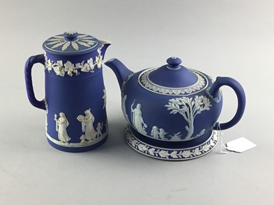 Lot 206 - A WEDGWOOD JASPERWARE TEAPOT AND STAND, ALONG WITH A COFFEE POT