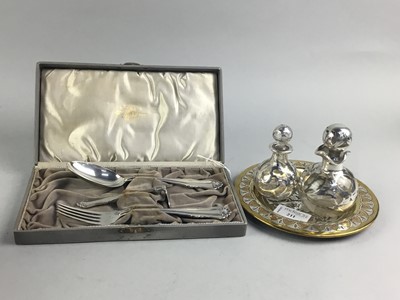 Lot 211 - A LOT OF TWO SILVER OVERLAID PERFUME BOTTLES, CHRISTENING SET AND A DISH