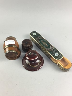 Lot 213 - A MID CENTURY BARREL SHAPED STRING BOX, ASHTRAY, INKWELL AND PEN BOX