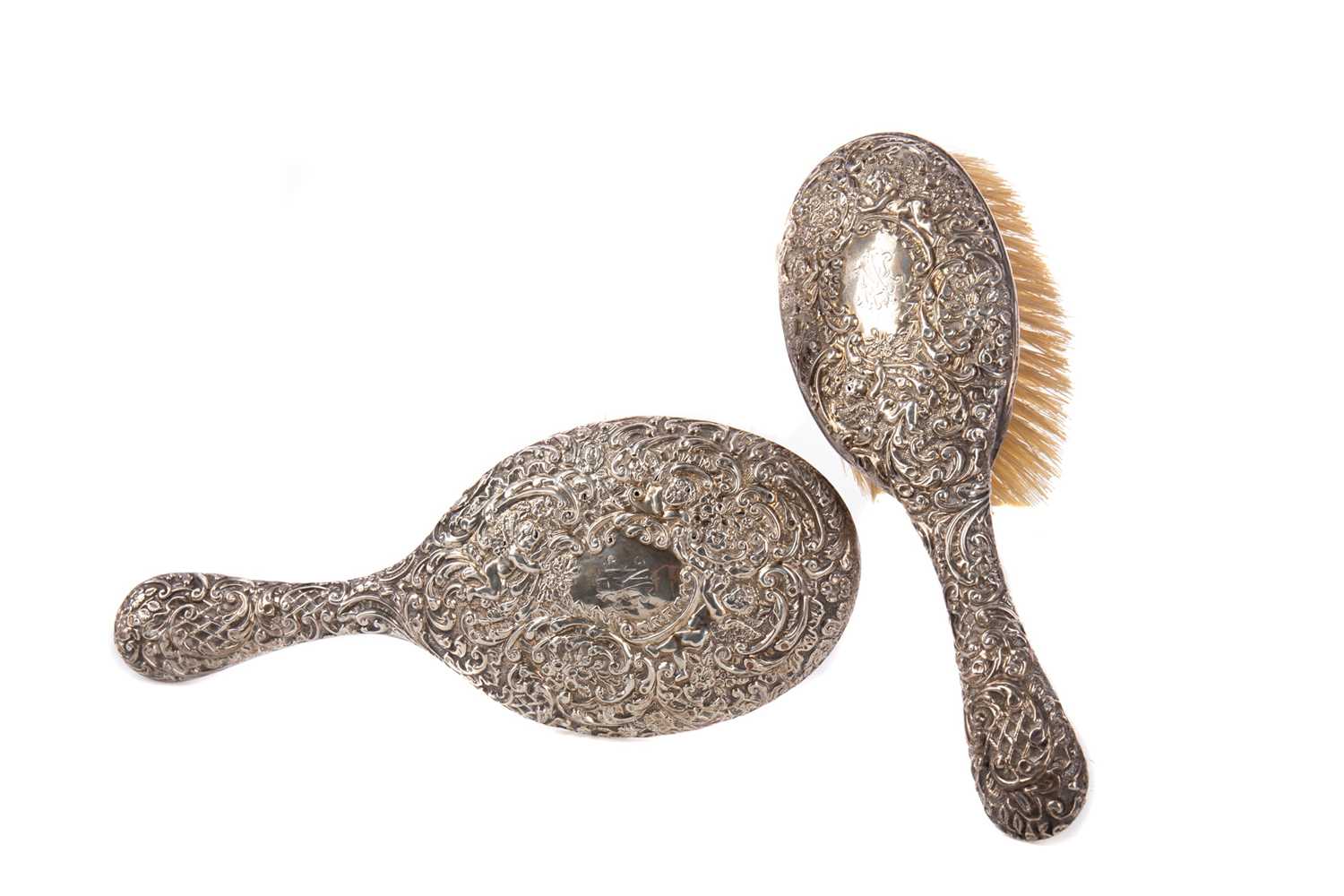 Lot 464 - A VICTORIAN SILVER-BACKED HAIRBRUSH AND HAND MIRROR