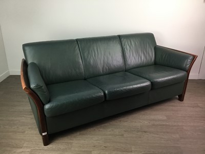 Lot 336 - A MODERN GREEN LEATHER THREE SEAT SETTEE