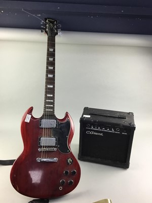 Lot 375 - A VINTAGE ELECTRIC GUITAR ALONG WITH AN AMPLIFIER