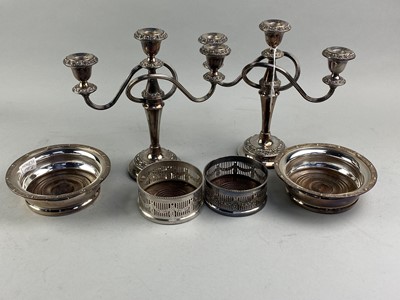 Lot 381 - A LOT OF TWO PAIRS OF SILVER PLATED WINE SLIDES AND A PAIR OF CANDLEABRA