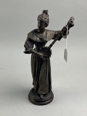 Lot 349 - A VICTORIAN BRONZED FIGURE OF A LADY WITH A BANJO