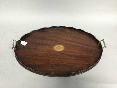 Lot 346 - AN INLAID MAHOGANY OVAL TRAY WITH BRASS HANDLES