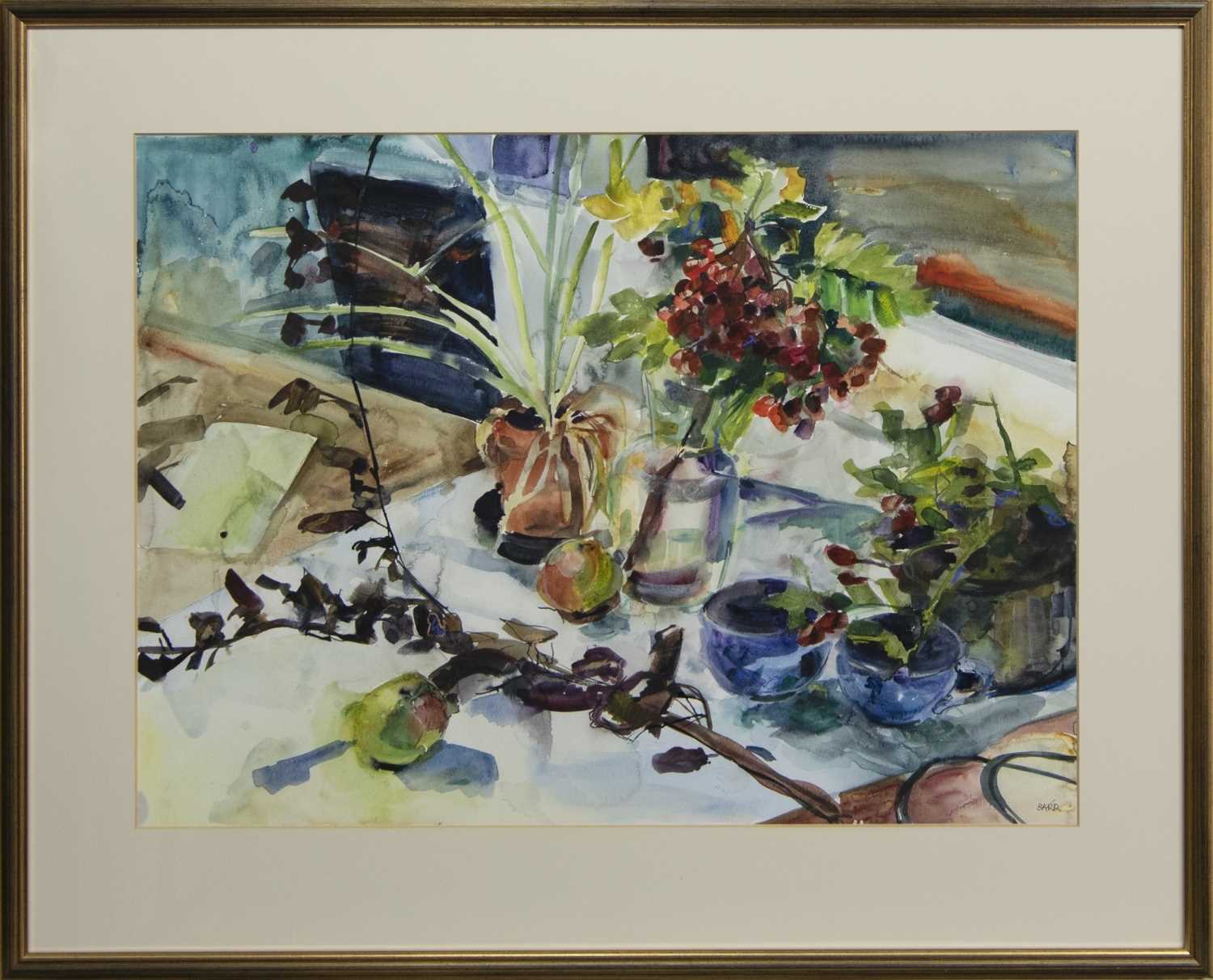 Lot 568 - STILL LIFE WITH ROWAN BERRIES, A WATERCOLOUR BY SHONA BARR
