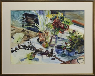 Lot 568 - STILL LIFE WITH ROWAN BERRIES, A WATERCOLOUR BY SHONA BARR